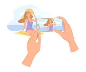 Hand Holding Smartphone Recording Video with Camera Filming Picture of Female Sitting on Beach on Screen Vector Illustration