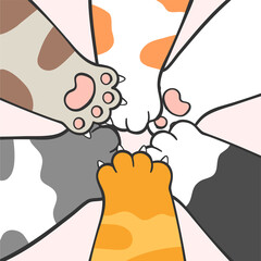 Obraz premium group of diversity cute kitty cat paw legs put together in power, teamwork concept, cute animal pet cartoon drawing vector doodle
