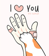 Obraz premium cute greeting card animal, cute kitty cat paw on human hand cartoon doodle vector