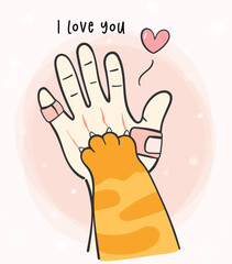 cute greeting card animal, cute kitty cat paw hi five on human hand cartoon doodle vector