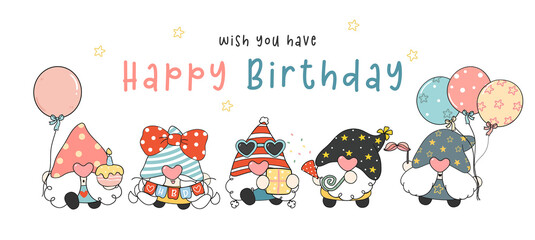 Fototapeta premium cute happy Birthday Gnomes greeting card, group of baby gnomes party cartoon drawing vector, Happy birthday celebration