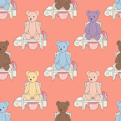 .Teddy bear sits on a children's pot. Vector seamless pattern. Pastel colors. Retro background.