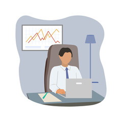 Young business man working on laptop at the desk in office. Flat style illustration
