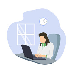 Beautiful businesswoman using laptop while sitting at her desk. Office workplace interior. Flat vector illustration.