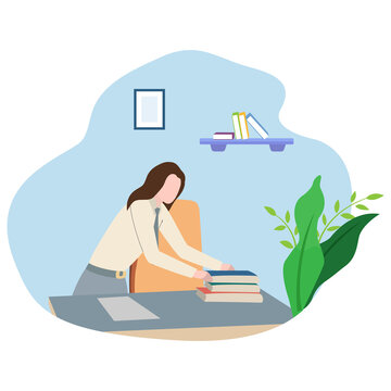 Woman Sitting On The Floor And Doing Cleaning A Dirty Workspace Or Workroom At Home, Work From Home Cleanup And Space Organizing Concept, Vector Illustration In Flat Style.