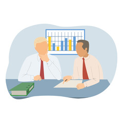 Two Business Man Talking Discussing, Businessmen Chat Sitting Office Desk Concept Communication Flat Vector Illustration