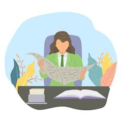 Young African American girl sitting at a table and reading a newspaper, black woman reads press or magazine. Home furnishings and indoor plants. Flat cartoon vector illustration.