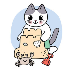 Cartoon cute summer cat playng sand vector.