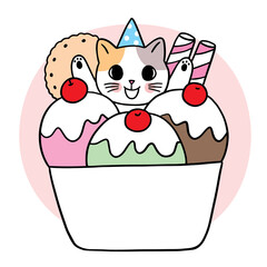 Cartoon cute cat and ice cream vector.