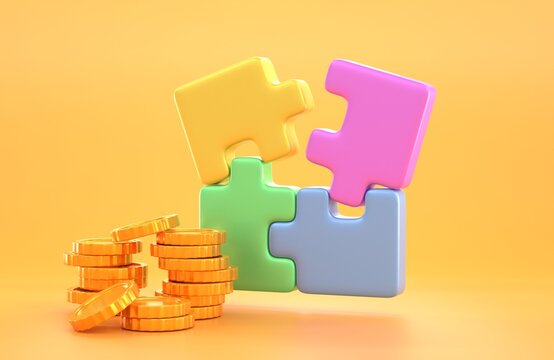 3D Stack gold coins with colorful jigsaw puzzle pieces on yellow background. Concept business idea or equation, money problems solving, financial success, profit making, 3D render illustration