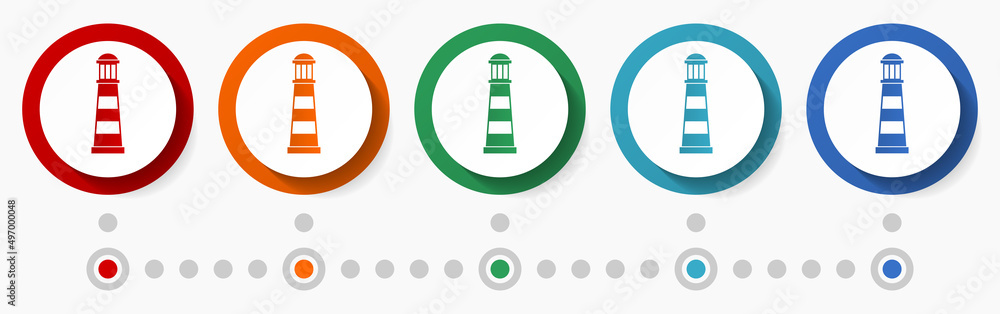 Poster Lighthouse, travel concept vector icon set, infographic template, flat design colorful web buttons in 5 color options