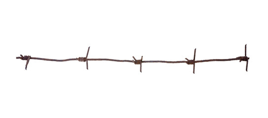 Old, rusty barbed wire isolated on a white background, clipping path, no shadows. Fragment of old barbed wire isolate. Element for design.