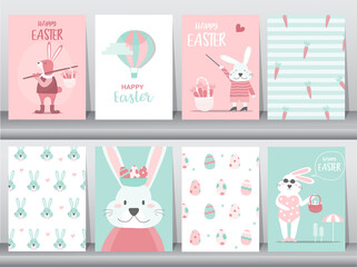 Set of Easter greeting cards,template,rabbits,cute,eggs,Vector illustrations.