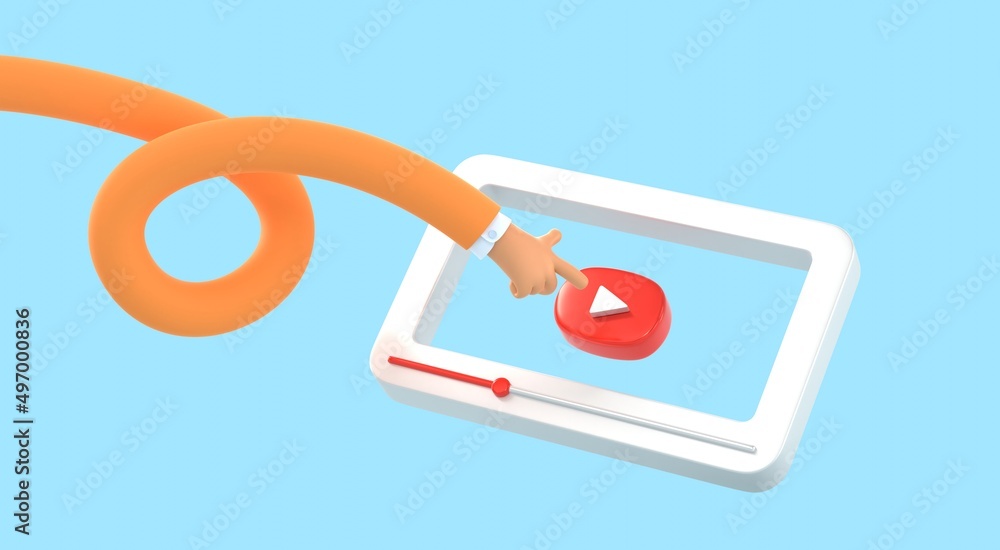 Poster cartoon long hand push red button on video player interface. finger presses on screen for watch movi