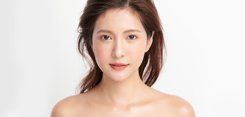 Beautiful young asian woman with clean fresh skin on white background, Face care, Facial treatment,...