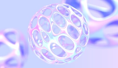 3D holographic hollow ball or metal sphere with holes, circle chromatic object with gradient pearlescent texture, glossy futuristic sculpture abstract fluid shape. Modern design, 3D render wallpaper