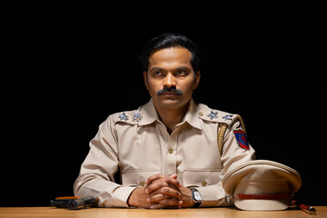Portrait of an Indian policeman sitting in policestation