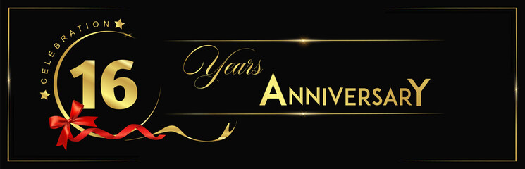 16 Years Anniversary Celebration Gold and Black Color Vector Template Design Illustration. anniversary celebration logotype with elegant modern number gold color for celebration, ribbon, luxury.