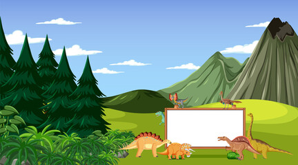 Prehistoric forest with empty board and dinosaur © blueringmedia