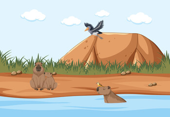 Obraz na płótnie Canvas Wetland forest scene with capybara