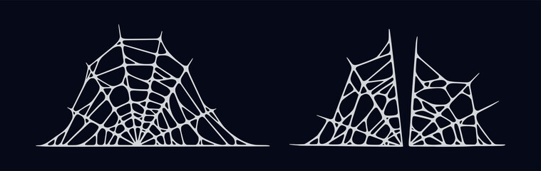 Spider web set isolated on black background. Spooky Halloween cobwebs. Handrawn vector illustration