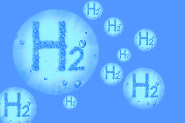 lot of h2 letters with bubbles hydrogen green energy of the future with blue back