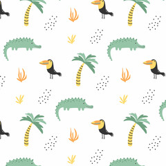 Childish seamless pattern with jungle animals. Hand-drawn cute pattern with crocodile, toucan and palm.