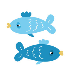 Two blue fish swimming in different directions on white background. Vector illustration in cartoon style. Zodiac sign