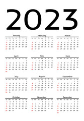 Calendar for 2023 isolated on a white background