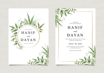 Set of wedding invitation templates with green leaves decoration