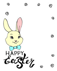 Obraz premium Happy Easter - frame, border with inscription and color drawing of face of cute rabbit in flat style. Vector template for greeting card, invitation, poster, sticker, holiday design