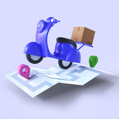 3d render of online delivery service, courier fast response delivery, package shipping on mobile with purple scooter, earn gifts from online shopping, Isolated on purple background