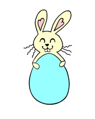 Cute funny easter bunny with egg shaped frame. Vector hand drawn doodle flat color illustration. Holidays characters and backgrounds