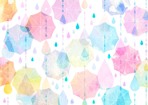 水彩、雨、傘、カラフル、梅雨、イラスト、背景、横、6月