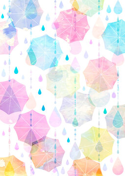 水彩風雨脚と傘のカラフル梅雨イメージ背景タテ