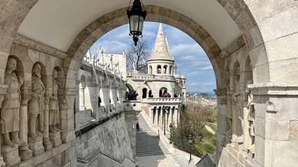 Fisherman's bastion attraction of the Buda castle white stone fortress with seven towers with the...