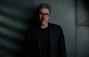 Fototapeta premium Business portrait - businessman in black jacket standing against dark gray wall. Happy middle aged, mid adult man in his 50s wearing glasses, smiling. Copy space.