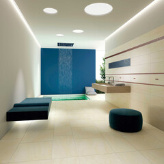 Modern interior design of bathroom with elegant tiles, seamless bathroom vanity, luxurious interior background.