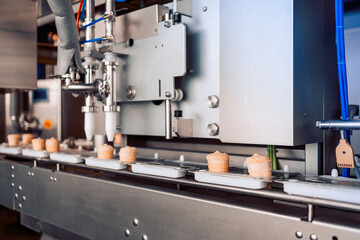 Manufacturin for automatic production of ice cream cones. Conveyor belt in waffle cups, creme brulee. Sweets modern factory. Food dairy industry, automated technology equipment and engineering concept