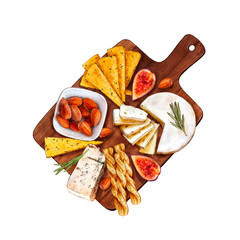 Watercolor cheese plate. Cheese snack on wooden board. Blue cheese, parmesan, bread sticks, almonds, figs isolated on white background. Hand painted watercolor hand drawn illustration. Food