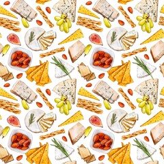 Various types of cheese and snacks seamless pattern. Blue cheese, parmesan, bread sticks, almonds, bacon, grapes. Hand painted watercolor background food for fabric, wrapping paper, textile