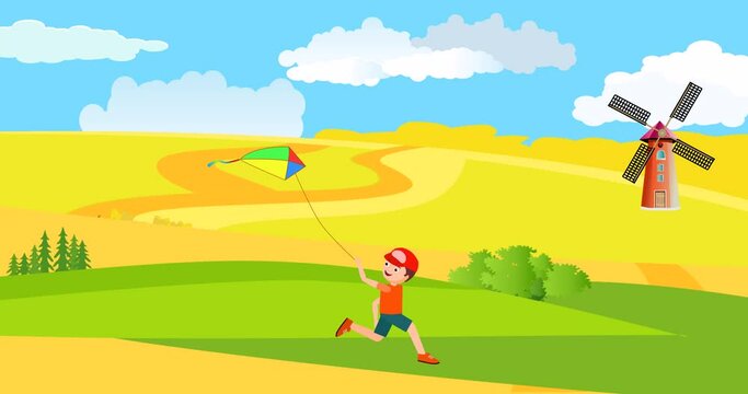 boy running with a kite in his hand in the field 2d animation