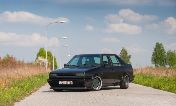 LVIV, UKRAINE-21 MAY 2021: German stylish old car Volkswagen Jetta II GT (second generation) parked on the road. Automotive photography. Space for text. Background with car.