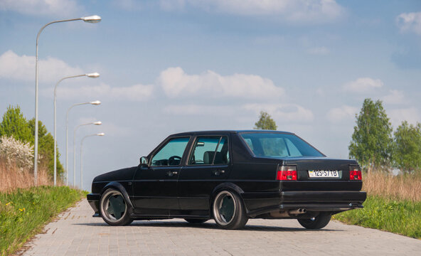 LVIV, UKRAINE-21 MAY 2021: German stylish old car Volkswagen Jetta II GT (second generation) parked on the road. Automotive photography. Space for text. Background with car.