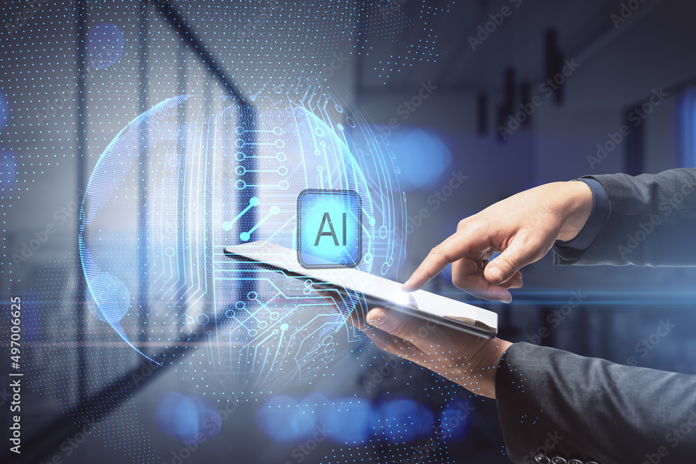 Poster close up of businessman hand pointing at smartphone with abstract glowing ai sphere on blurry office