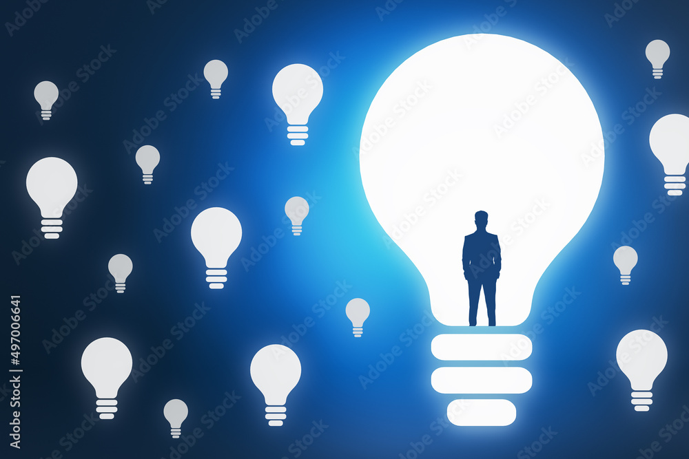 Poster creative businessman outline and light bulb on blue background with bright mock up place. idea and s