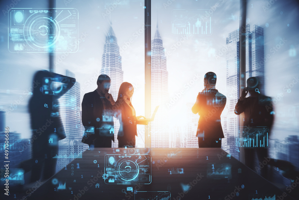 Poster Backlit businessmen and women working tohether in abstract creative blurry office interior with business charts and binary code. System engineering and digital transformation concept. Double exposure.