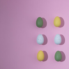 Pattern Easter eggs of different colors with slight shadows on a pink background with copy space on right side. minimal Easter scene.