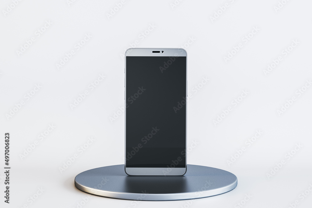 Poster close up of blank mobile phone on round pedestal on white background with mock up place. presentatio