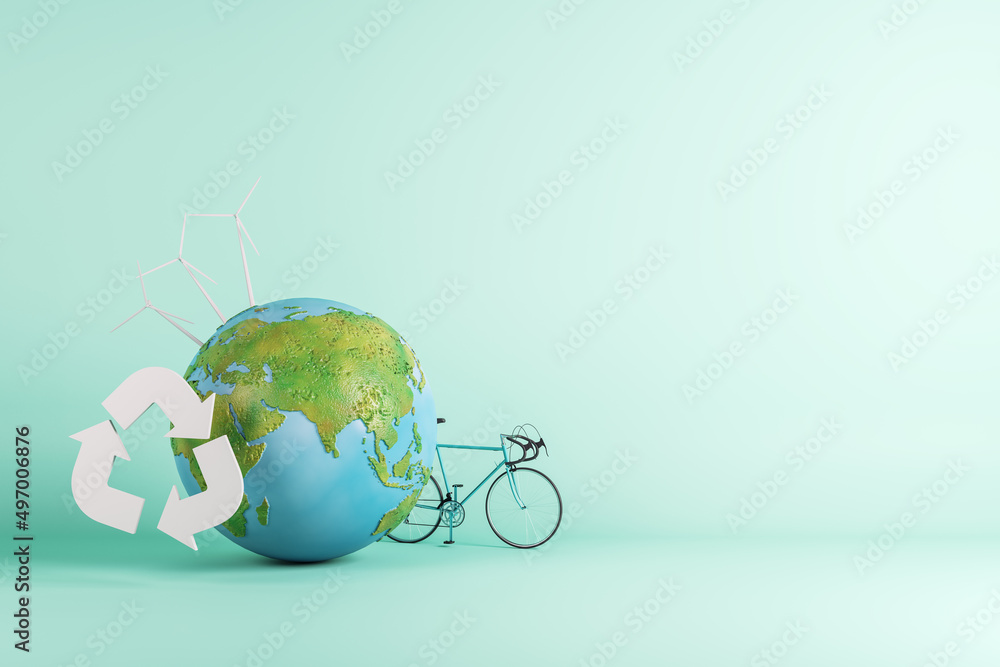 Poster Green eco globe on blue background with mock up place. Environment and ecology concept. 3D Rendering.